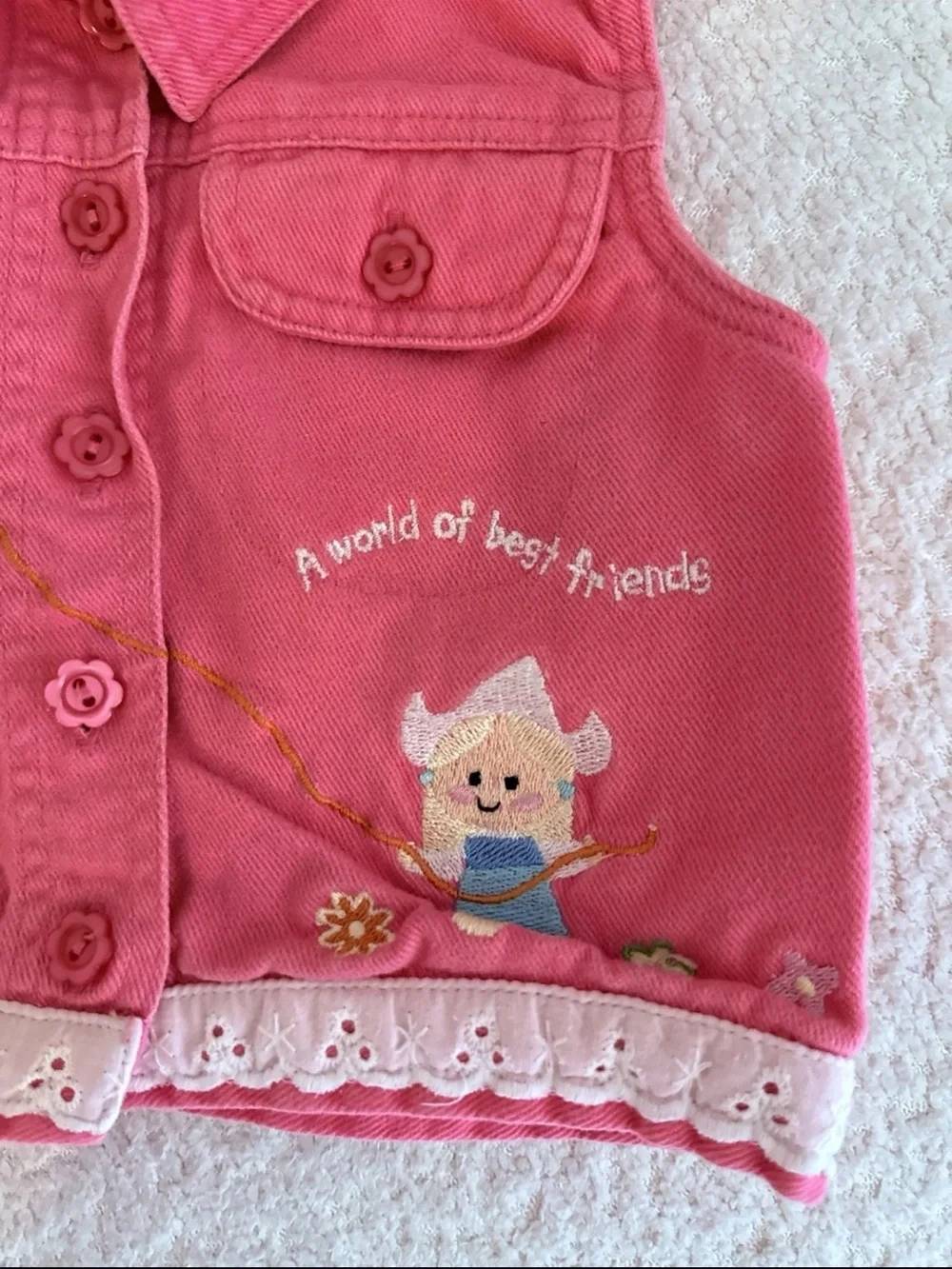 Vintage Y2K Girls 12 Months Pink Cotton  Embroidered Lace Trim Vest Best Friends